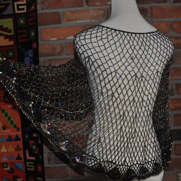 Handmade BLACK Multi Color, Fishnet, Mesh BEADED CAPELET Shawl TOP - Picture 2 of 4
